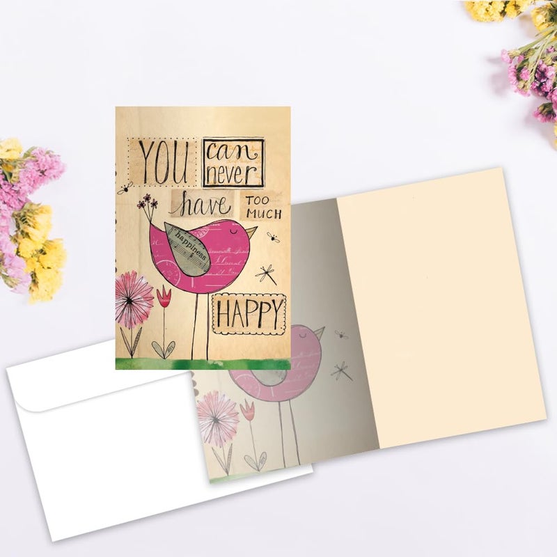 Tree-Free Greetings Never Too Happy All Occasion Cards - 12 Recycled 4x6 Notecards & White Envelopes, Thick Cardstock, Made in USA - Whimsical Bird Collage - Image 2